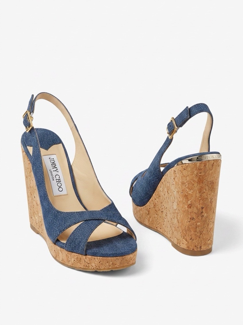 Jimmy Choo Blue Denim Cork Wedge Sandals EU 39.5 Never Worn